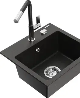 Kuchynské drezy MEXEN/S MEXEN/S - Milo granitový drez 1-miska vrátane batérie Flora, čierna/zlatá metalik 6505-75-670401-07