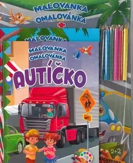 Nalepovačky, vystrihovačky, skladačky Komplet Autíčko (2 maľovanky+2 aktivity zošity + farebné ceruzky)