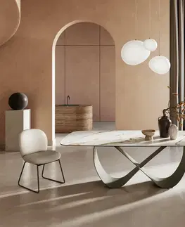Jedálenské stoly DELIFE Jedálenský stôl Edge zaoblený tvar 240x120 cm keramika Calacatta Luxe bielo-zlato-šedá Infinity kov efektové prevedenie titán