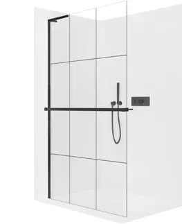 Sprchové dvere CERANO - Sprchová zástena Walk-in Onyx L-ľavá vzpera - 8 mm + polička/držiak na uteráky - čierna matná, industriálne sklo - 150x200 CER-8050BD1359