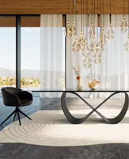 Jedálenské stoly DELIFE Jedálenský stôl Edge 300x100 reliéfne sklo dymovo čierna 3D dizajn Infinity kov čierna