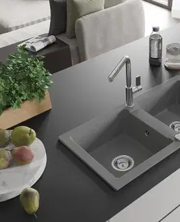 Kuchynské drezy MEXEN/S MEXEN/S - Mario granitový drez 2-bowl vrátane batérie Flora, šedá 6504-71-670401-00