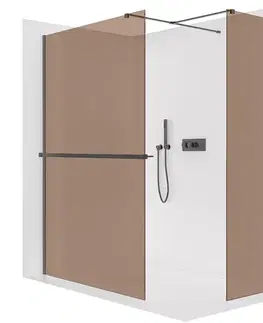 Sprchové dvere CERANO - Sprchová zástena Walk-in Onyx TL/P - 8 mm - hranatá vzpera + polička/držiak na uteráky - čierna matná, bronzové sklo - 160x50x200 CER-689638