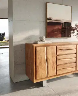 Komody DELIFE Komoda Live-Edge 147 cm akácia prírodná 3 zásuvky 2 dvierka