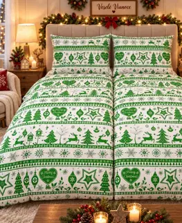 Obliečky Obliečky bavlnené Vianočné obliečky Christmas zelené TiaHome - 1x Vankúš 90x70cm, 1x Paplón 140x200cm