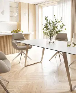 Jedálenské stoly DELIFE Jedálenský stôl Edge 200x100 keramika Laminam® Statuarietto biela nerezová oceľ šikmý
