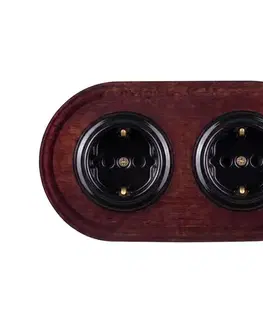 Predlžovacie káble Elhard - Dvojitá keramická retro domová zásuvka s rámom SCHUKO 230V čierna/drevo EF0114+2xEF0105