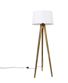 Stojace lampy Rustikálny trojnohý stojan vintage drevo s bielym ľanovým tienidlom 45 cm - Tripod Classic