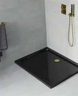 Vane MEXEN/S - Flat sprchová vanička obdĺžniková slim 140 x 80, čierna + zlatý sifón 40708014G