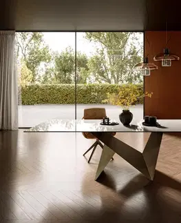 Jedálenské stoly DELIFE Jedálenský stôl Edge 300×100 cm keramika onyx šampanské origami metalická zlatá