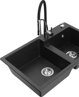 Kuchynské drezy MEXEN/S MEXEN/S - Tomas granitový drez 2-bowl vrátane batérie Aster, čierna/strieborná metalík 6516-73-73450-07