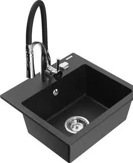 Kuchynské drezy MEXEN/S MEXEN/S - Milo granitový drez 1-miska vrátane batérie Aster, čierna/strieborná metalík 6505-73-73450-07