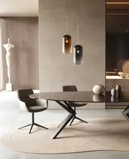 Jedálenské stoly DELIFE Jedálenský stôl Edge oválny 280x130 reliéfne sklo dymovo čierna 3D dizajn Zenthara hranatý kov čierna