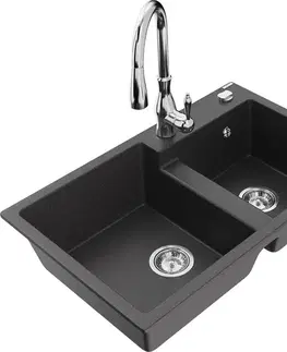 Kuchynské drezy MEXEN/S MEXEN/S - Tomas granitový drez 2-bowl vrátane batérie Savita, čierna kropenatá 6516-76-672601-00
