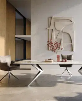 Jedálenské stoly DELIFE Jedálenský stôl Edge zaoblený tvar 300×120 cm keramika Minas Melange bielo-béžová Zenthara hranatý nerezová oceľ