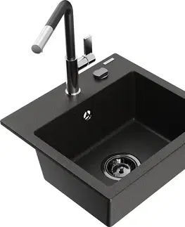 Kuchynské drezy MEXEN/S MEXEN/S - Milo granitový drez 1-miska vrátane batérie Flora, čierna/zlatá metalik 6505-75-670401-07-B