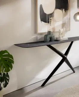 Konzolové stolíky DELIFE Konzolový stolík Edge zaoblený 180×40 cm keramika Laminam® Nero Greco antracit Estelo kov čierna