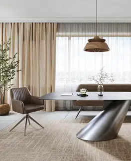Jedálenské stoly DELIFE Jedálenský stôl Edge zaoblený tvar 200x100 cm keramika betónová sivá Cono metalická strieborná