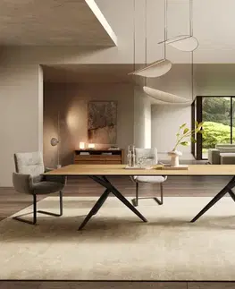 Jedálenské stoly DELIFE Jedálenský stôl Edge 300x100 keramika Laminam® Sabbia dubová farba Estelar okrúhly kov čierna