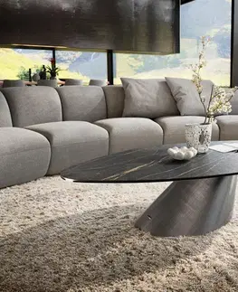 Konferenčné stolíky DELIFE Konferenčný stolík Edge organický 140x76 cm keramika Laminam® Noir Desir hnedá Conis metalická strieborná