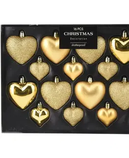 Vianočné dekorácie Súprava 16 ks vianočných ozdôb Hearts, sýto zlatá, box 31,5x3,5x22,5 cm, plast