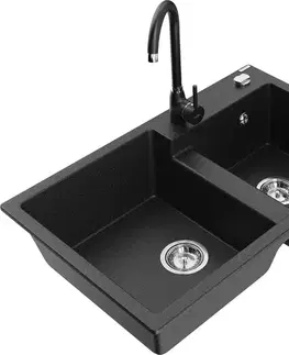 Kuchynské drezy MEXEN/S MEXEN/S - Tomas granitový drez 2-bowl vrátane batérie Telma, čierna/strieborná metalík 6516-73-670200-70