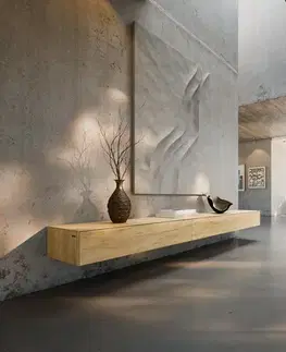 Televízne stolíky DELIFE TV stolík Cuor 250 cm keramika Laminam® sabbia v dubovej farbe 1 výklopné dvierka 1 zásuvka závesný
