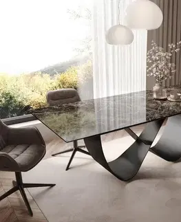 Jedálenské stoly DELIFE Jedálenský stôl Edge 180-220x100 keramika Laminam® Emperador Extra Lucidato tmavohnedá Infinity kov čierna rozkladací