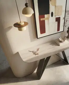 Konzolové stolíky DELIFE Konzolový stolík Edge zaoblený 140×40 cm keramika Laminam® Travertino Bianco krémovo biela Velio kov titánová farba