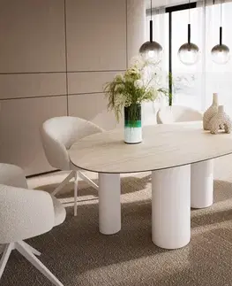 Jedálenské stoly DELIFE Jedálenský stôl Edge oválny 220x120 keramika Laminam®Travertino Bianco krémovo biela pilier kov biela
