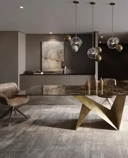 Jedálenské stoly DELIFE Jedálenský stôl Edge 300x100 keramika Laminam® Emperador Extra Lucidato tmavohnedá Origami metalická zlatá