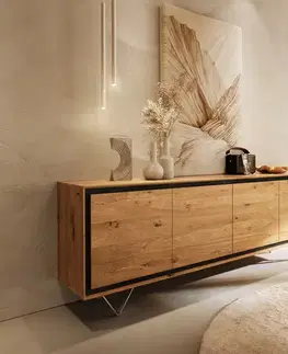 Komody DELIFE Komoda Stonegrace 200 cm dub prírodná 4 dvierka kamenná dyha podstava v tvare V nerezová oceľ