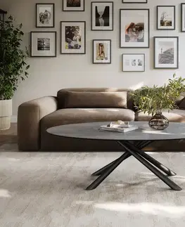 Konferenčné stolíky DELIFE Konferenčný stolík Edge oválny 140×80 cm keramika betón sivá Sarity kov čierna