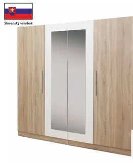 Šatníkové skrine KONDELA Matisa 4D šatníková skriňa so zrkadlom dub sonoma / biela