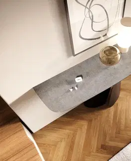 Konzolové stolíky DELIFE Konzolový stolík Edge zaoblený 140×40 cm keramika betón sivá Livos kov čierna