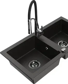Kuchynské drezy MEXEN/S MEXEN/S - Mario granitový drez 2-bowl vrátane batérie Aster, čierna/zlatá metalik 6504-75-73450-07-B