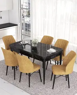 Jedálenské sety Extendable Dining Table & Chairs Set (7 Pieces) Eva - Black Marble, Cappuccino