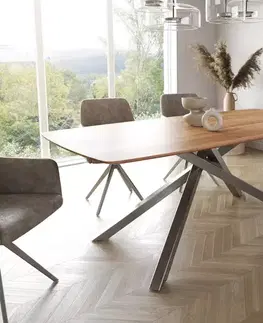 Jedálenské stoly DELIFE Jedálenský stôl Edge zaoblený tvar 200x100 akácia prírodná krížová podstava obdĺžnik nerezová oceľ švajčiarska hrana