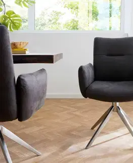 Jedálenské stoličky DELIFE Otočná jedálenská stolička Jova-Flex s opierkami mikrovlákno antracit vintage krížová podstava široká nerezová oceľ 360° otočná vrecková pružina