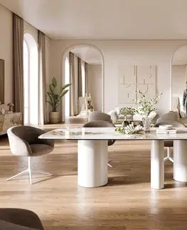 Jedálenské stoly DELIFE Jedálenský stôl Edge zaoblený tvar 260×120 cm keramika Minas Melange bielo-béžová Troa kov biela