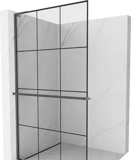 Sprchové dvere MEXEN/S - Kioto+ L Sprchová zástena WALK-IN s poličkou a držiakom uterákov 110 x 200, čierny vzor, grafit kartáčovaná 800-110-123-66-77