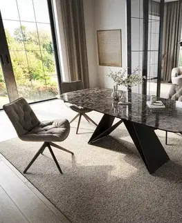 Jedálenské stoly DELIFE Jedálenský stôl Edge zaoblený 180-220×100 cm keramika Emperador Extra Lucidato tmavohnedá podstava v tvare V plochá oceľ čierna rozkladací