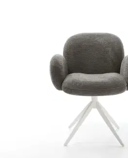 Jedálenské stoličky DELIFE Jedálenská stolička Nube-Flex s opierkami bouclé mäkký tmavobéžová krížová podstava široká biela 360° otočný hojdacia funkcia vrecková pružina