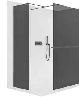 Držadlá k vani CERANO - Sprchová zástěna Walk-in Onyx T L/P - 8 mm - hranatá vzpěra + polička/držák na ručníky - černá matná, grafitové sklo - 130x100x200  CER-8050BD3852