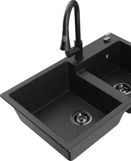 Kuchynské drezy MEXEN/S MEXEN/S - Tomas granitový drez 2-bowl vrátane batérie Elia, čierna/strieborná metalík 6516-73-670101-70-B