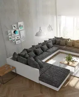 Sedacie súpravy XL DELIFE Pohovka v tvare U Clovis XXL biela čierna s taburetom ležadlom pravá