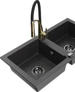 Kuchynské drezy MEXEN/S MEXEN/S - Mario granitový drez 2-bowl vrátane batérie Aster, čierna kropenatá 6504-76-73450-57-B