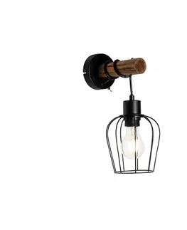Nástenné osvetlenie Rustikálna nástenná lampa čierna s drevom - Stronk