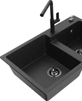 Kuchynské drezy MEXEN/S MEXEN/S - Tomas granitový drez 2-bowl vrátane batérie Flora, čierna/srebrny metalik 6516-73-670401-70-B