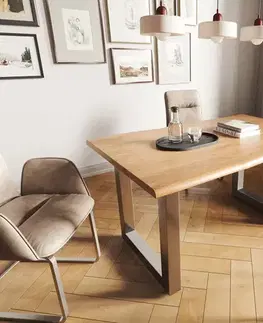 Jedálenské stoly DELIFE Jedálenský stôl Edge 140x90 akácia prírodná nerezová oceľ široký Live-Edge